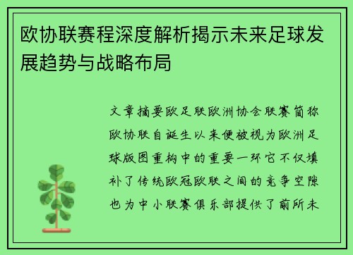 欧协联赛程深度解析揭示未来足球发展趋势与战略布局